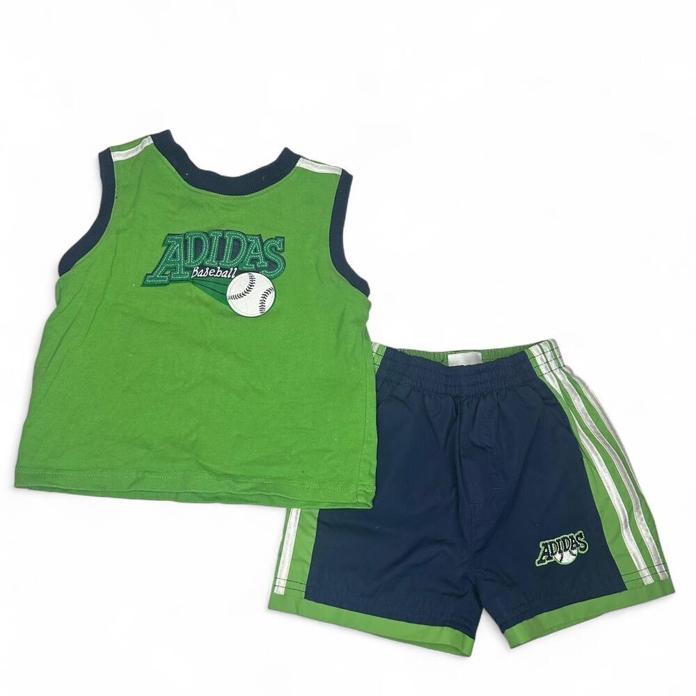vintage Youth Adidas green and white sports tank top and shorts set 16 months